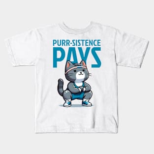 Purr-Sistence Pays: Grey Cat Squats Kids T-Shirt